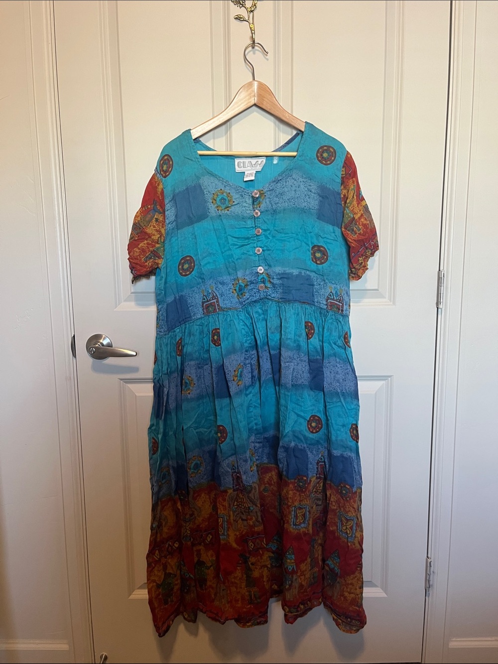 Vintage Just Class Cotton Bohemian Turquoise & Red  Cotton Dress button front 1X